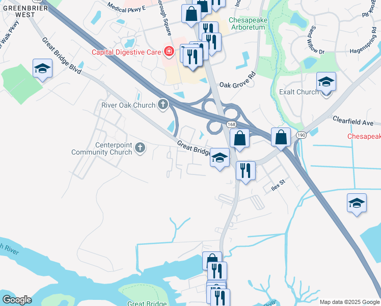 map of restaurants, bars, coffee shops, grocery stores, and more near 500 Moonraker in Chesapeake