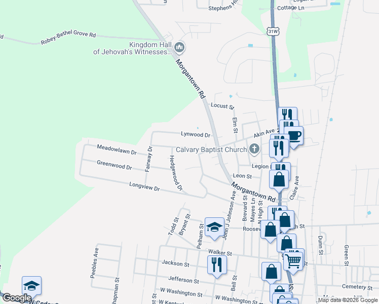 map of restaurants, bars, coffee shops, grocery stores, and more near 400-418 Westview Drive in Franklin