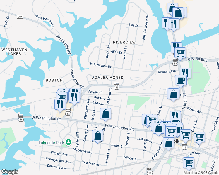 map of restaurants, bars, coffee shops, grocery stores, and more near 601 West Constance Road in Suffolk