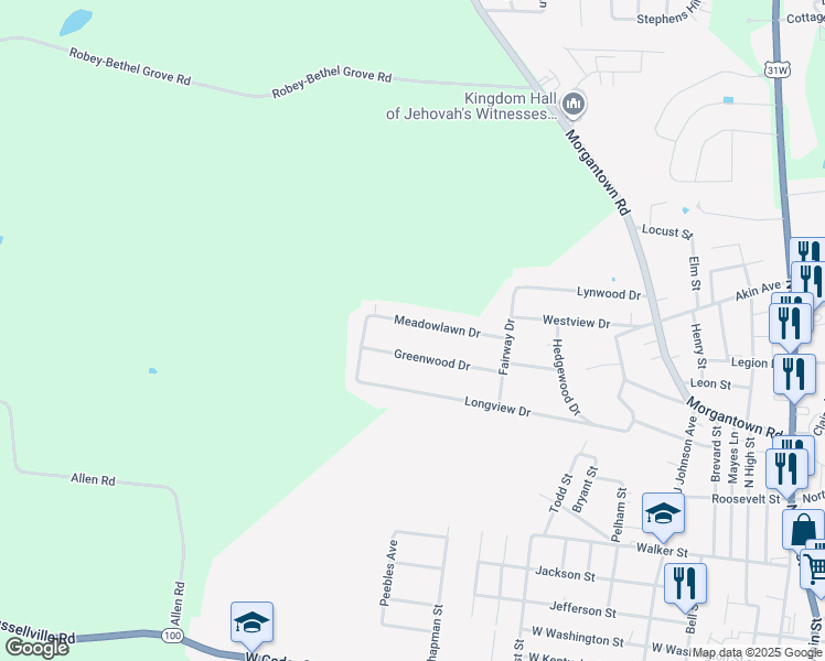 map of restaurants, bars, coffee shops, grocery stores, and more near 300-598 Meadowlawn Dr in Franklin