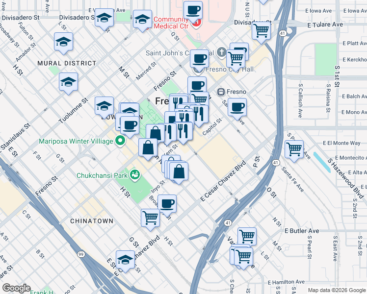 map of restaurants, bars, coffee shops, grocery stores, and more near 855 M Street in Fresno