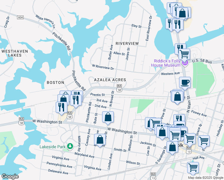 map of restaurants, bars, coffee shops, grocery stores, and more near 601 West Constance Road in Suffolk