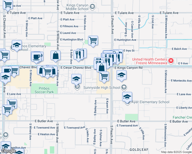 map of restaurants, bars, coffee shops, grocery stores, and more near 5140 East Kings Canyon Road in Fresno