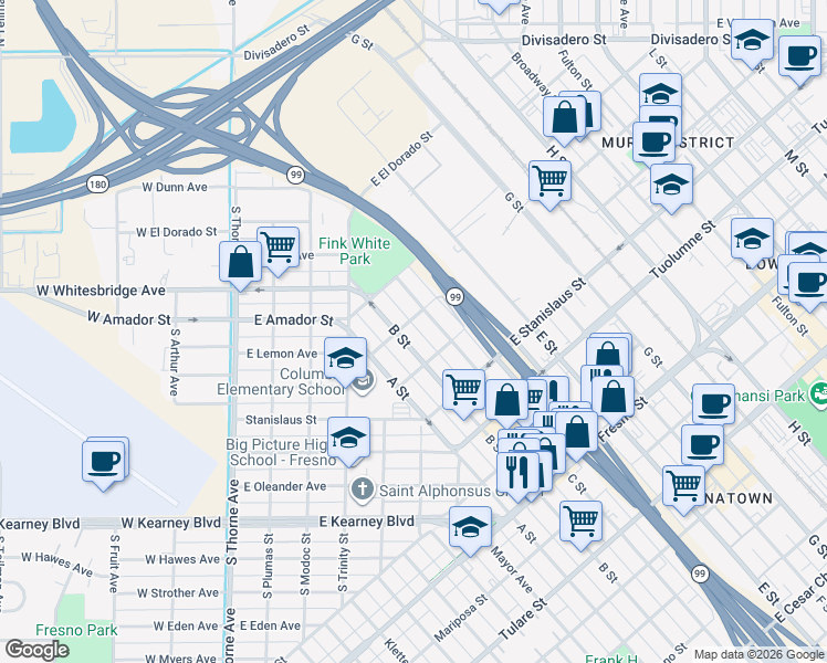 map of restaurants, bars, coffee shops, grocery stores, and more near 1636 B Street in Fresno