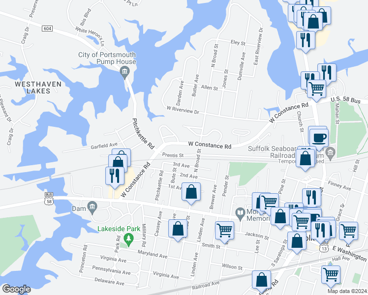 map of restaurants, bars, coffee shops, grocery stores, and more near 615 West Constance Road in Suffolk