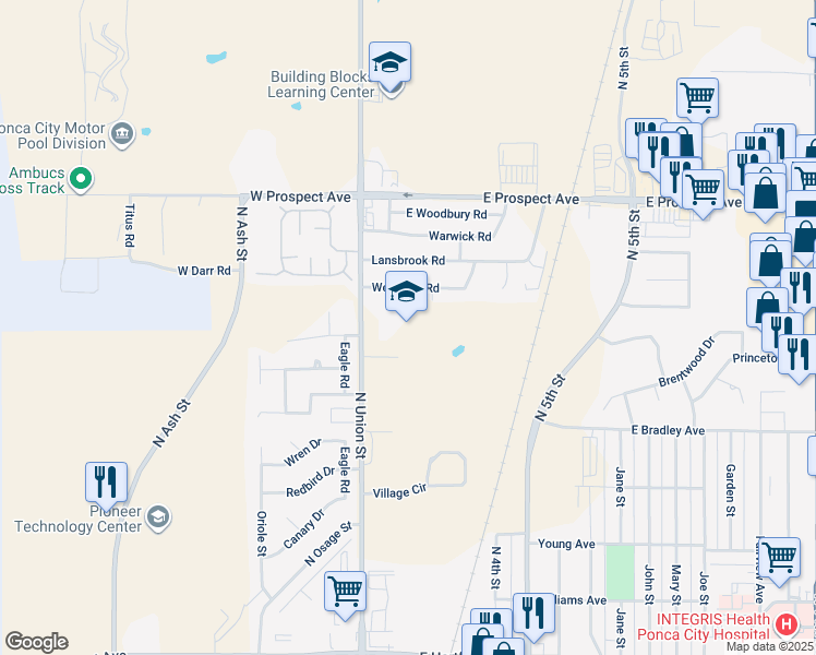 map of restaurants, bars, coffee shops, grocery stores, and more near 2617 North Union Street in Ponca City