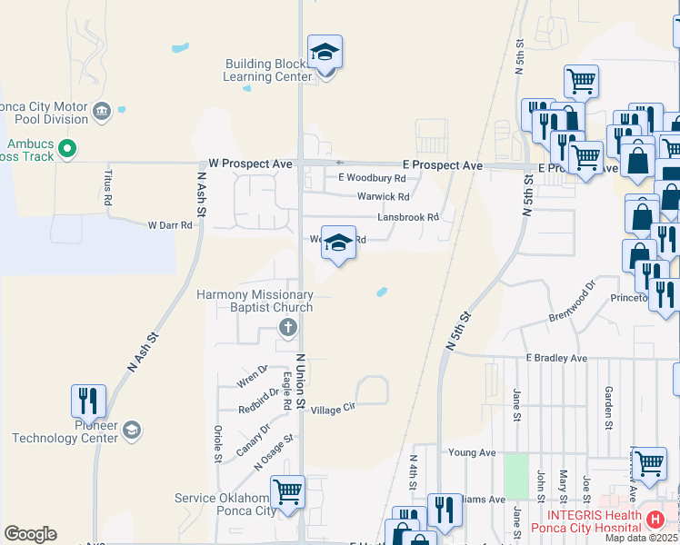 map of restaurants, bars, coffee shops, grocery stores, and more near 2617 North Union Street in Ponca City