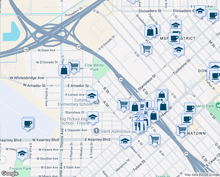 map of restaurants, bars, coffee shops, grocery stores, and more near 1636 B Street in Fresno
