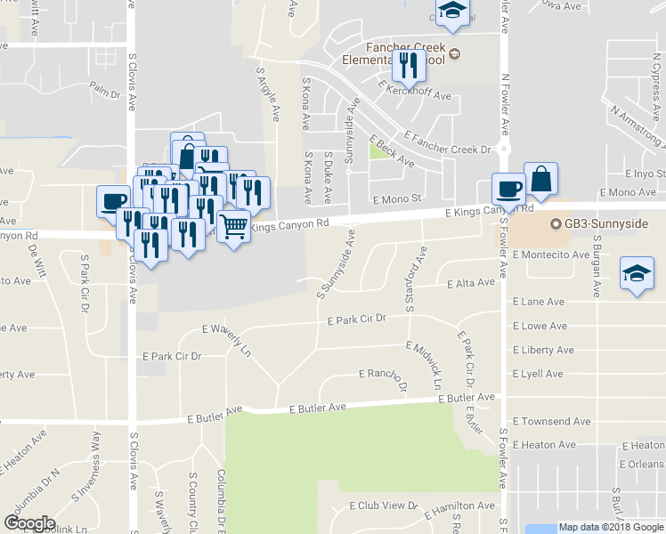 map of restaurants, bars, coffee shops, grocery stores, and more near 918 South Sunnyside Avenue in Fresno