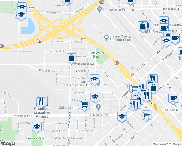 map of restaurants, bars, coffee shops, grocery stores, and more near 225 East Amador Street in Fresno