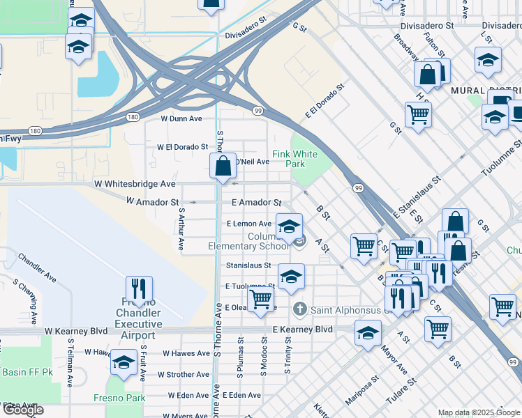map of restaurants, bars, coffee shops, grocery stores, and more near 117 East Amador Street in Fresno