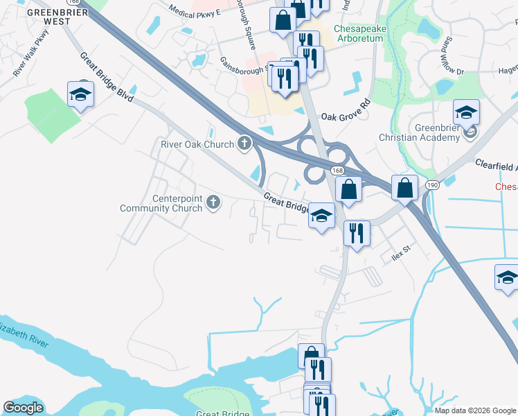 map of restaurants, bars, coffee shops, grocery stores, and more near 124 Fairwind Drive in Chesapeake