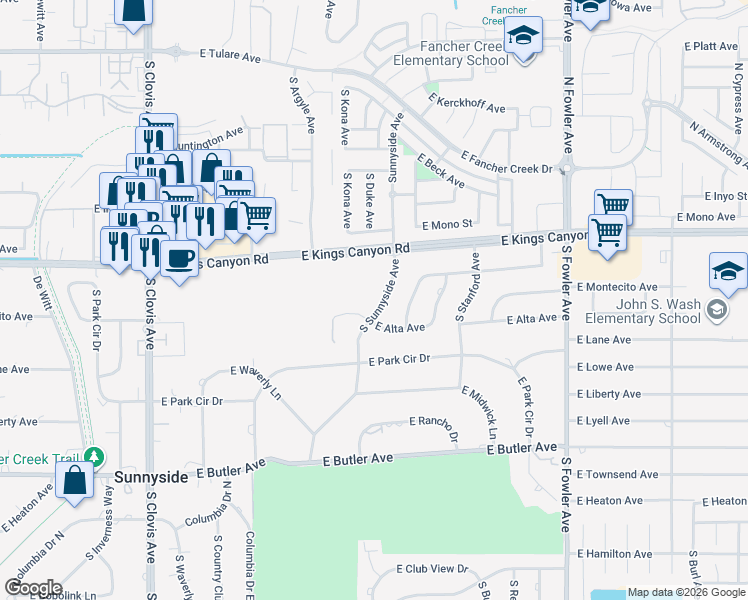 map of restaurants, bars, coffee shops, grocery stores, and more near 918 South Sunnyside Avenue in Fresno
