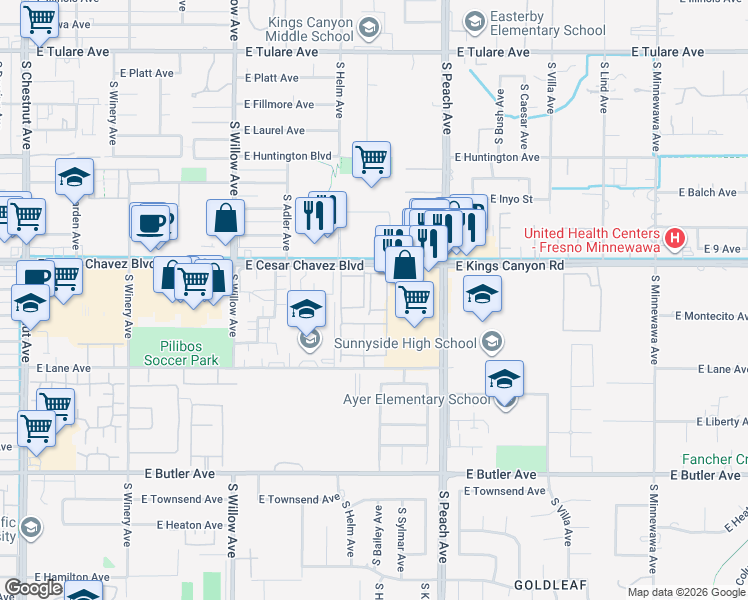 map of restaurants, bars, coffee shops, grocery stores, and more near 5150 East Kings Canyon Road in Fresno