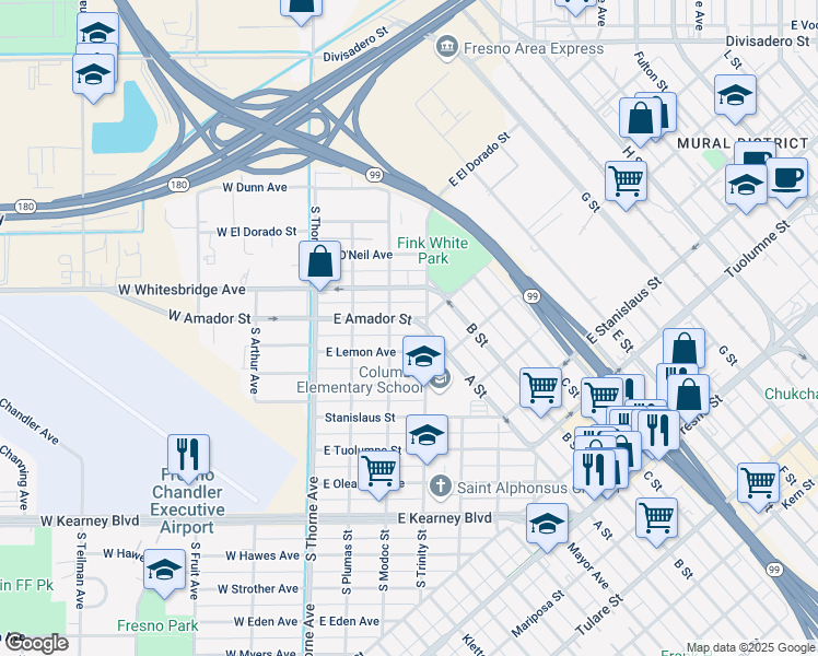 map of restaurants, bars, coffee shops, grocery stores, and more near 230 East Amador Street in Fresno