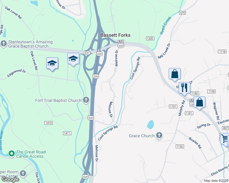 map of restaurants, bars, coffee shops, grocery stores, and more near 447 Melrose Drive in Bassett