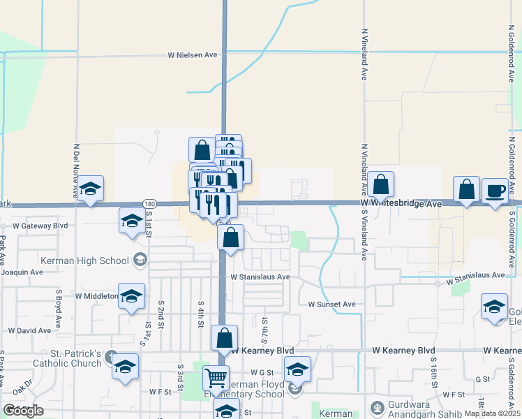 map of restaurants, bars, coffee shops, grocery stores, and more near 14868 West Whitesbridge Avenue in Kerman
