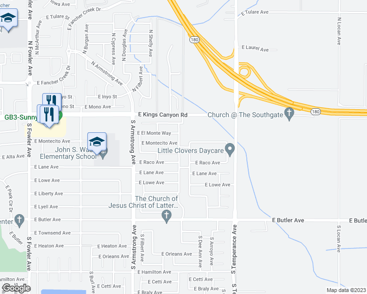 map of restaurants, bars, coffee shops, grocery stores, and more near East in Fresno