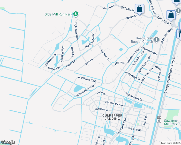 map of restaurants, bars, coffee shops, grocery stores, and more near Ripley Street in Chesapeake