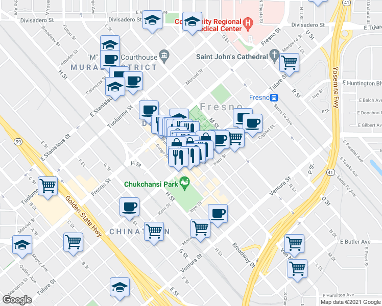 map of restaurants, bars, coffee shops, grocery stores, and more near 2035 Tulare Street in Fresno