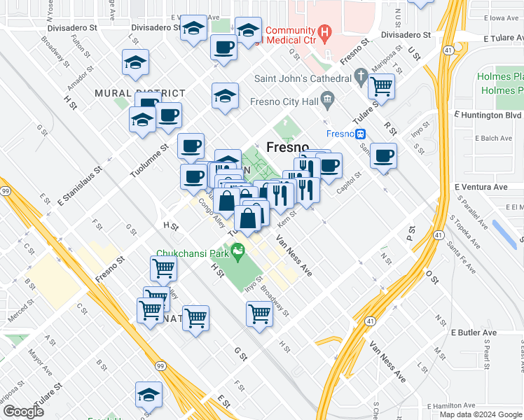 map of restaurants, bars, coffee shops, grocery stores, and more near 2100 Tulare Street in Fresno