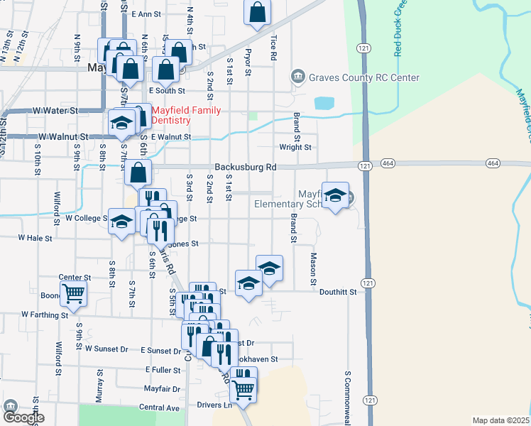map of restaurants, bars, coffee shops, grocery stores, and more near 601-699 Usher St in Mayfield