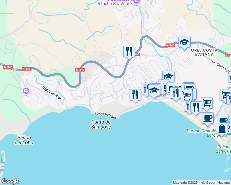 map of restaurants, bars, coffee shops, grocery stores, and more near 379 Calle Bajada del Mar in Almuñécar
