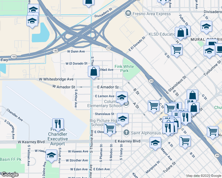 map of restaurants, bars, coffee shops, grocery stores, and more near 117 East Amador Street in Fresno