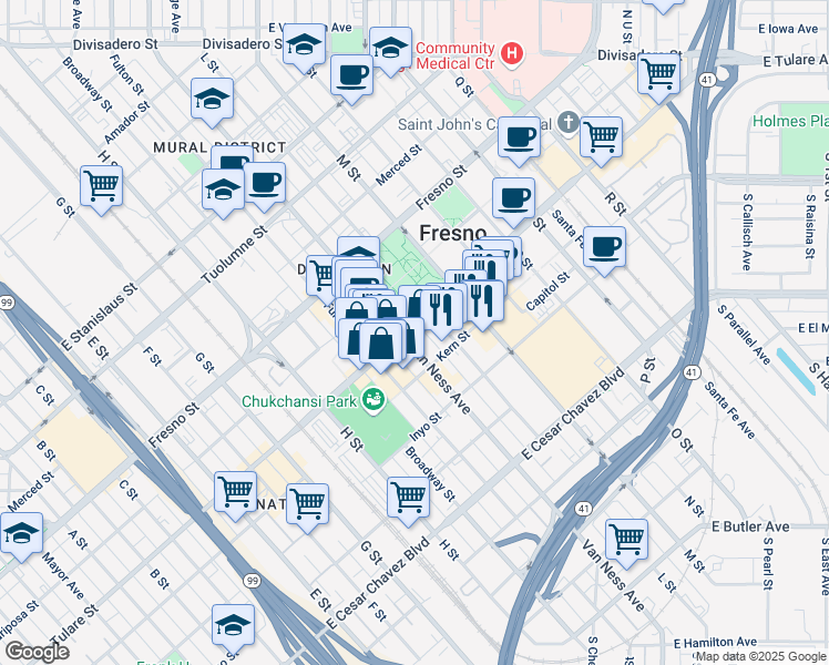 map of restaurants, bars, coffee shops, grocery stores, and more near 2150 Tulare Street in Fresno