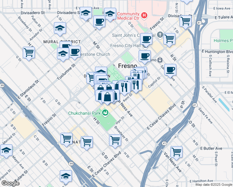map of restaurants, bars, coffee shops, grocery stores, and more near 2100 Tulare Street in Fresno
