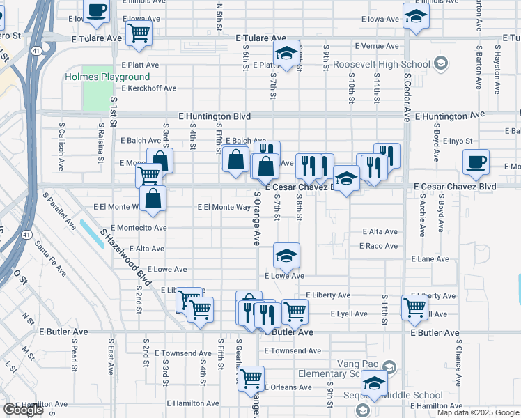 map of restaurants, bars, coffee shops, grocery stores, and more near 777 South Orange Avenue in Fresno