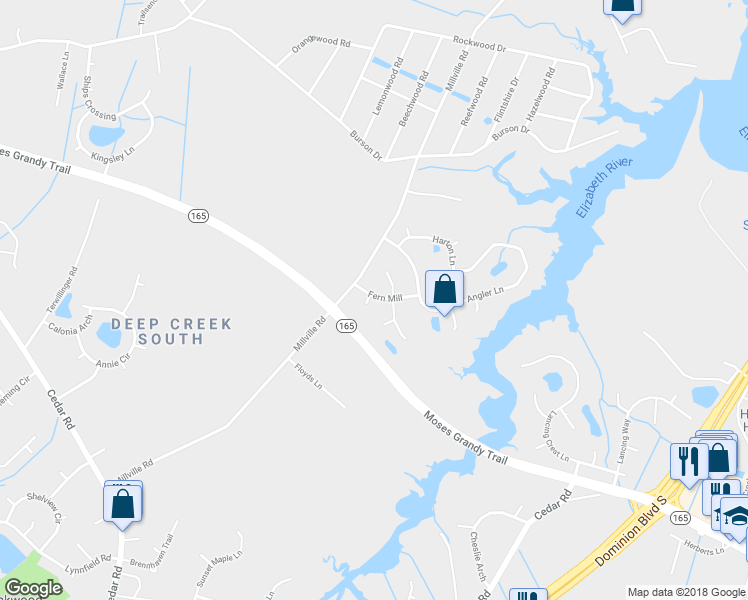 map of restaurants, bars, coffee shops, grocery stores, and more near 2001 Fern Mill Court in Chesapeake