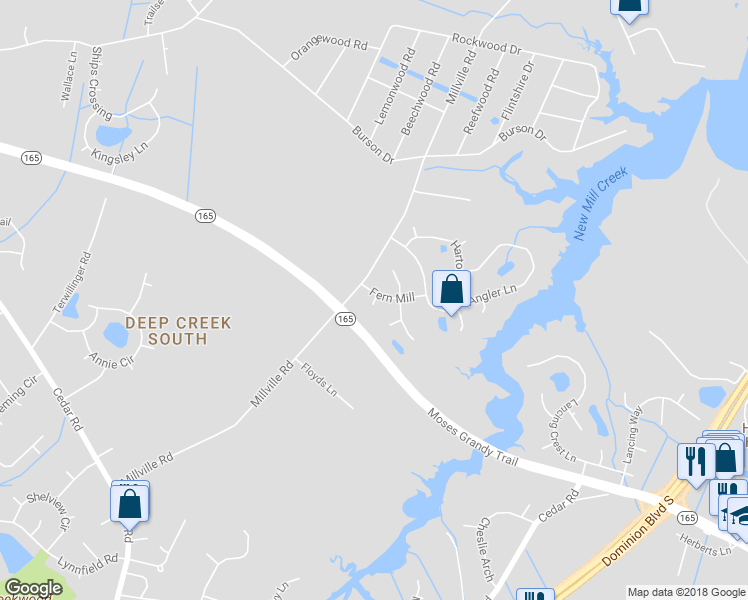 map of restaurants, bars, coffee shops, grocery stores, and more near 2309 Fern Mill Court in Chesapeake