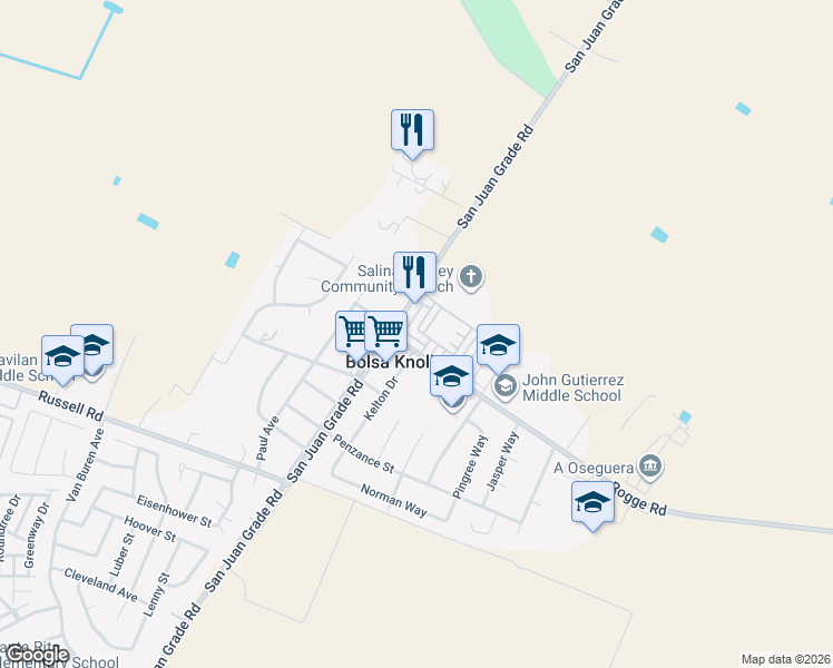 map of restaurants, bars, coffee shops, grocery stores, and more near 12782 Rogge Village Loop in Salinas