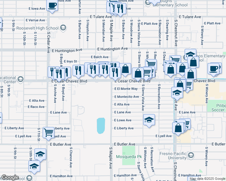 map of restaurants, bars, coffee shops, grocery stores, and more near 4613 East El Monte Way in Fresno
