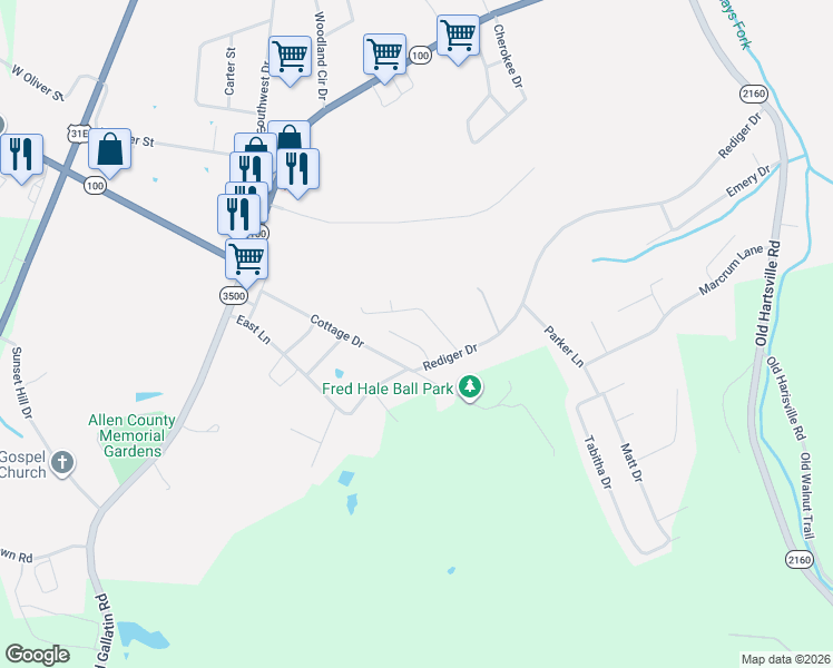map of restaurants, bars, coffee shops, grocery stores, and more near 101-299 Austin Lane in Scottsville