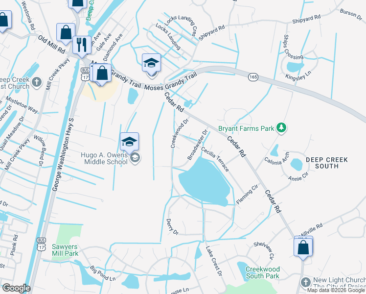 map of restaurants, bars, coffee shops, grocery stores, and more near 2704 Admiralty Court in Chesapeake