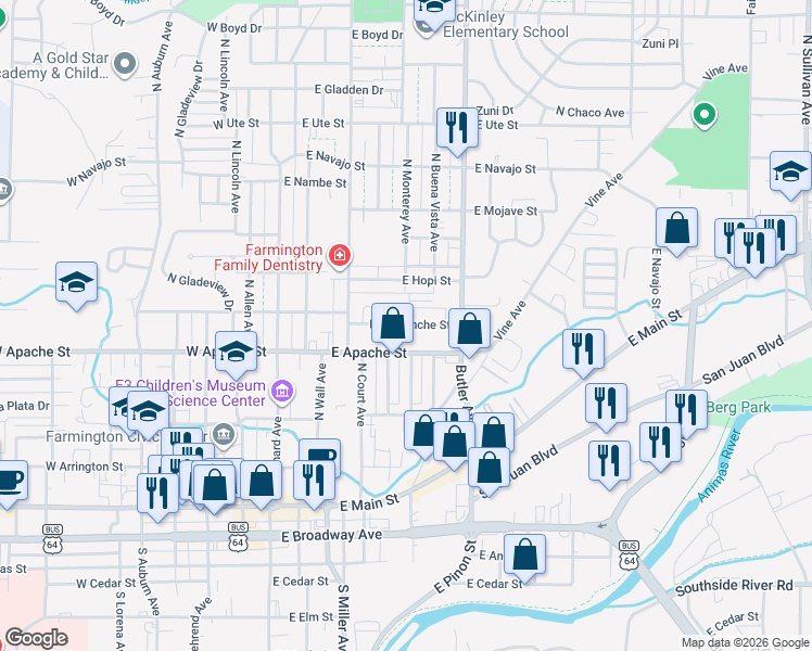 map of restaurants, bars, coffee shops, grocery stores, and more near 508 East Comanche Street in Farmington
