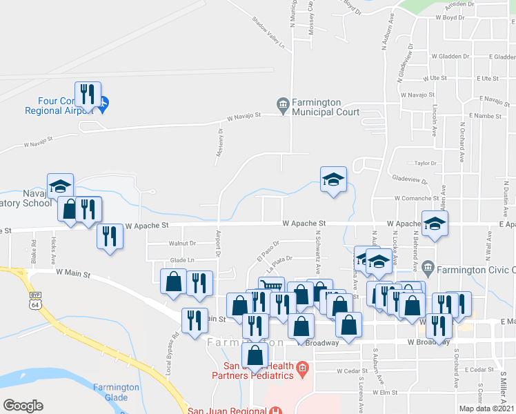 map of restaurants, bars, coffee shops, grocery stores, and more near 510 San Juan Place in Farmington