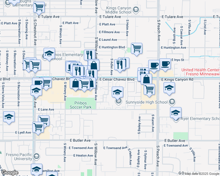 map of restaurants, bars, coffee shops, grocery stores, and more near 757 South Adler Avenue in Fresno