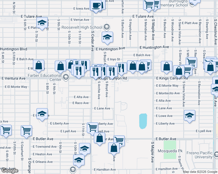 map of restaurants, bars, coffee shops, grocery stores, and more near 746 South Boyd Avenue in Fresno