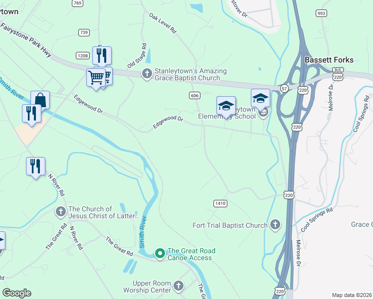 map of restaurants, bars, coffee shops, grocery stores, and more near in Stanleytown