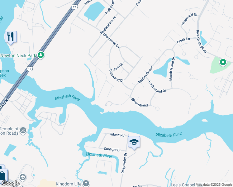map of restaurants, bars, coffee shops, grocery stores, and more near 200 Andrea Lane in Chesapeake