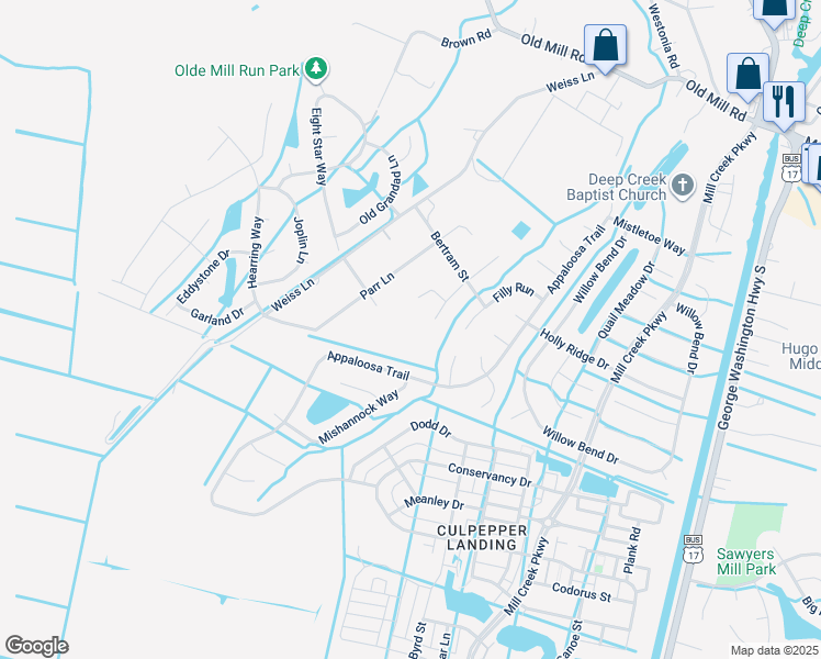 map of restaurants, bars, coffee shops, grocery stores, and more near 3001 Maude Street in Chesapeake