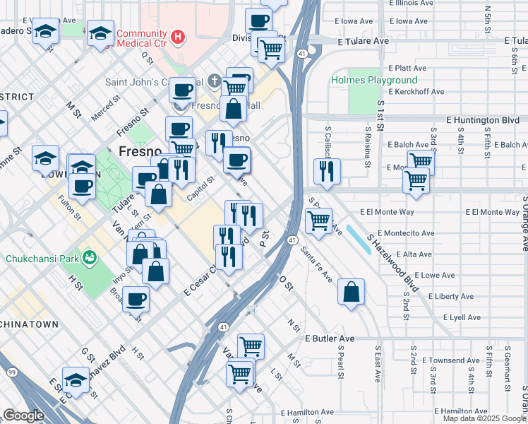 map of restaurants, bars, coffee shops, grocery stores, and more near 621 Santa Fe Avenue in Fresno