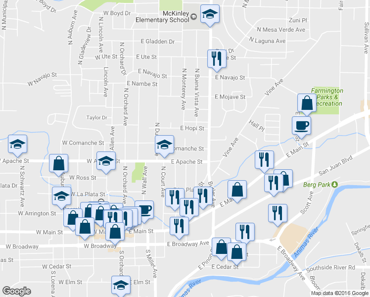 map of restaurants, bars, coffee shops, grocery stores, and more near 314 Monterey Avenue in Farmington