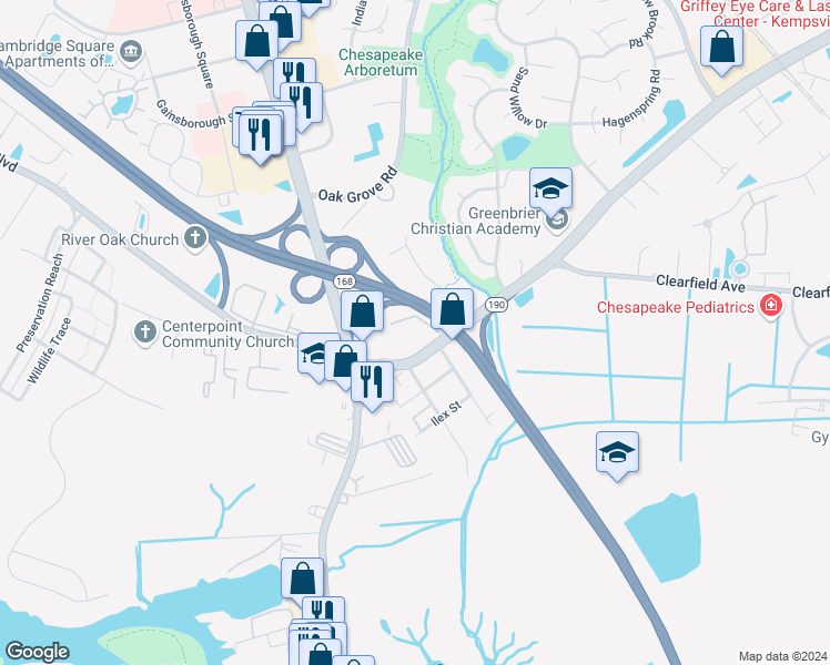 map of restaurants, bars, coffee shops, grocery stores, and more near 141 Kempsville Road in Chesapeake