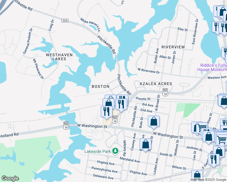 map of restaurants, bars, coffee shops, grocery stores, and more near 819 Garfield Avenue in Suffolk