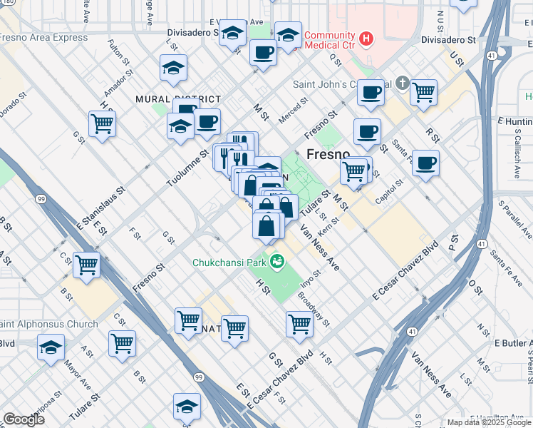 map of restaurants, bars, coffee shops, grocery stores, and more near 1101 Fulton Street in Fresno