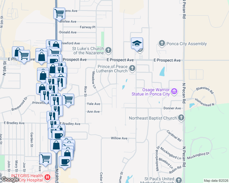 map of restaurants, bars, coffee shops, grocery stores, and more near 2432 Kingston Road in Ponca City
